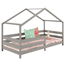 Lit cabane RENA lit simple montessori pour enfant 90 x 190 cm avec barrières de protection en pin massif lasuré gris