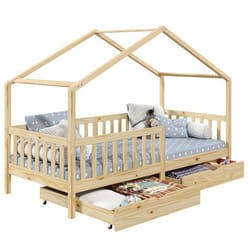 Lit cabane ELEA lit enfant simple montessori 90 x 200 cm avec 2 tiroirs de rangement en pin massif à la finition naturelle