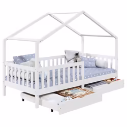Lit cabane ELEA lit enfant simple montessori 90 x 200 cm avec 2 tiroirs de rangement en pin massif lasuré blanc