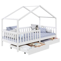 Lit cabane ELEA lit enfant simple montessori 90 x 200 cm avec 2 tiroirs de rangement en pin massif lasuré blanc