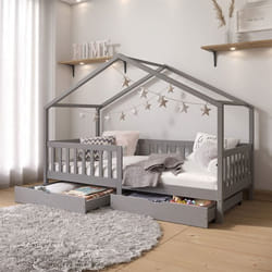 Lit cabane ELEA lit enfant simple montessori 90 x 200 cm avec 2 tiroirs de rangement en pin massif lasuré gris