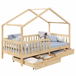 Lit cabane ELEA lit enfant simple montessori 90 x 190 cm avec 2 tiroirs de rangement en pin massif à la finition naturelle