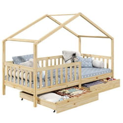 Lit cabane ELEA lit enfant simple montessori 90 x 190 cm avec 2 tiroirs de rangement en pin massif à la finition naturelle