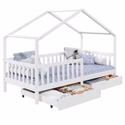 Lit cabane ELEA lit enfant simple montessori 90 x 190 cm avec 2 tiroirs de rangement en pin massif lasuré blanc