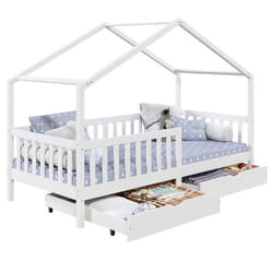 Lit cabane ELEA lit enfant simple montessori 90 x 190 cm avec 2 tiroirs de rangement en pin massif lasuré blanc