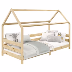 Lit cabane FINA lit simple pour enfant montessori 90 x 190 cm avec barrières de protection sur 3 côtés en pin massif à la