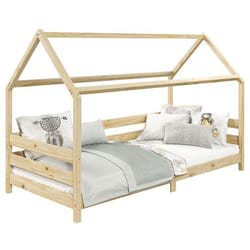 Lit cabane FINA lit simple pour enfant montessori 90 x 190 cm avec barrières de protection sur 3 côtés en pin massif à la