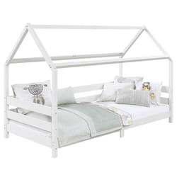 Lit cabane FINA lit simple pour enfant montessori 90 x 190 cm avec barrières de protection sur 3 côtés en pin massif lasuré blanc