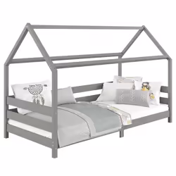 Lit cabane FINA lit simple pour enfant montessori 90 x 190 cm avec barrières de protection sur 3 côtés en pin massif lasuré g ...