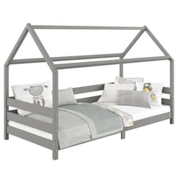 Lit cabane FINA lit simple pour enfant montessori 90 x 190 cm avec barrières de protection sur 3 côtés en pin massif lasuré gris