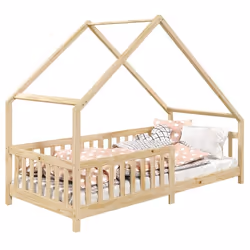 Lit cabane CORA lit enfant simple montessori asymétrique en bois 90 x 200 cm en pin massif à la finition naturelle