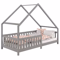 Lit cabane CORA lit enfant simple montessori asymétrique en bois 90 x 200 cm en pin massif lasuré gris