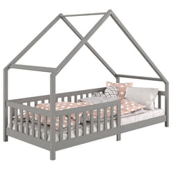 Lit cabane CORA lit enfant simple montessori asymétrique en bois 90 x 200 cm en pin massif lasuré gris