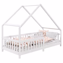 Lit cabane CORA lit enfant simple montessori asymétrique en bois 90 x 190 cm en pin massif lasuré blanc