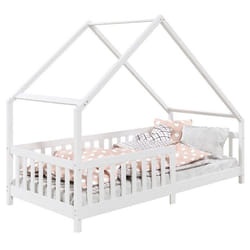 Lit cabane CORA lit enfant simple montessori asymétrique en bois 90 x 190 cm en pin massif lasuré blanc