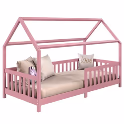Lit cabane NINA lit enfant simple montessori en bois 90 x 200 cm en pin massif lasuré rose