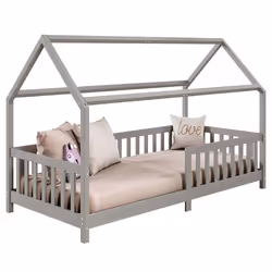 Lit cabane NINA lit enfant simple montessori en bois 90 x 190 cm en pin massif lasuré gris