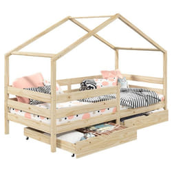 Lit cabane ENA lit enfant simple montessori 90 x 200 cm avec 2 tiroirs de rangement en pin massif à la finition naturelle