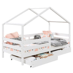 Lit cabane ENA lit enfant simple montessori 90 x 200 cm avec 2 tiroirs de rangement en pin massif lasuré blanc