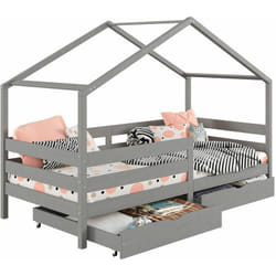 Lit cabane ENA avec tiroirs, 90 x 200 cm en pin massif lasuré gris