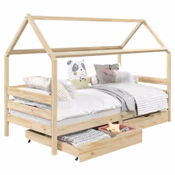 Lit cabane CLIA lit simple pour enfant montessori 90 x 200 cm rangement 2 tiroirs et barrières sur 3 côtés pin naturel