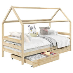 Lit cabane CLIA lit simple pour enfant montessori 90 x 200 cm rangement 2 tiroirs et barrières sur 3 côtés pin naturel