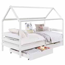 Lit cabane CLIA lit simple pour enfant montessori 90 x 200 cm avec rangement 2 tiroirs et barrières sur 3 côtés pin massif bl ...