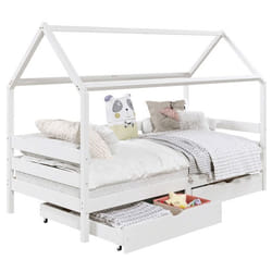 Lit cabane CLIA lit simple pour enfant montessori 90 x 200 cm avec rangement 2 tiroirs et barrières sur 3 côtés pin massif blanc