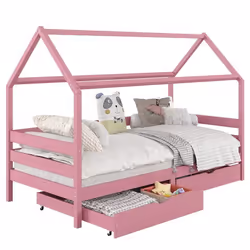 Lit cabane CLIA lit simple pour enfant montessori 90 x 200 cm avec rangement 2 tiroirs et barrières sur 3 côtés pin rose