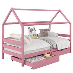 Lit cabane CLIA lit simple pour enfant montessori 90 x 200 cm avec rangement 2 tiroirs et barrières sur 3 côtés pin rose