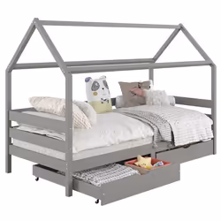 Lit cabane CLIA lit simple pour enfant montessori 90 x 190 cm avec rangement 2 tiroirs et barrières de protection pin massif  ...