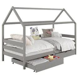 Lit cabane CLIA lit simple pour enfant montessori 90 x 190 cm avec rangement 2 tiroirs et barrières de protection pin massif gris