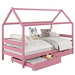 Lit cabane CLIA lit simple pour enfant montessori 90 x 190 cm avec rangement 2 tiroirs et barrières de protection pin massif rose