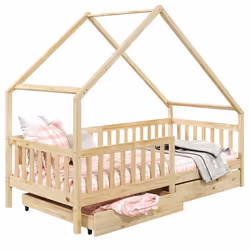 Lit cabane ALVA lit enfant simple asymétrique en bois 90 x 200 cm montessori avec rangement 2 tiroirs en pin massif naturel