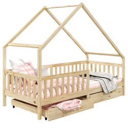 Lit cabane ALVA lit enfant simple asymétrique en bois 90 x 200 cm montessori avec rangement 2 tiroirs en pin massif naturel