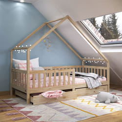 Lit cabane ALVA lit enfant simple asymétrique en bois 90 x 190 cm montessori avec rangement 2 tiroirs en pin massif naturel