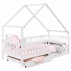 Lit cabane ALVA lit enfant simple asymétrique en bois 90 x 190 cm montessori avec rangement 2 tiroirs en pin massif lasuré bl ...