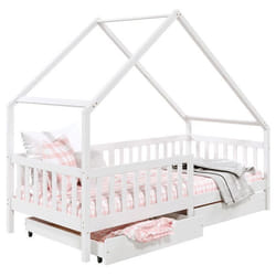 Lit cabane ALVA lit enfant simple asymétrique en bois 90 x 190 cm montessori avec rangement 2 tiroirs en pin massif lasuré blanc