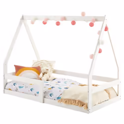 Lit cabane TAMI 70x140 cm lit simple 1 place pour bébé ou enfant de type Montessori en pin massif lasuré blanc