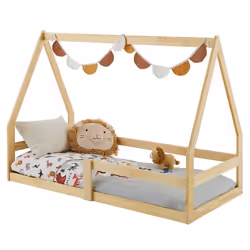 Lit cabane LUSIA 80x160 cm lit simple 1 place pour bébé ou enfant de type Montessori en pin massif à la finition naturelle