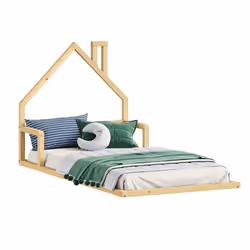Lit enfant ELOA au sol 90x200 cm de type Montessori tête de lit en forme de maison en bois massif naturel