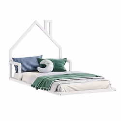 Lit enfant ELOA au sol 90x200 cm de type Montessori tête de lit en forme de maison en bois massif lasuré blanc