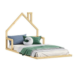 Lit enfant ELOA au sol 90x190 cm de type Montessori tête de lit en forme de maison en bois massif naturel