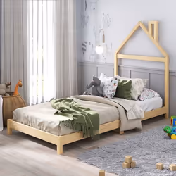 Lit enfant LIZ tête de lit en forme de maison Lit au sol Montessori Pour couchage 90 x 200 cm bois de pin massif Coloris natu ...