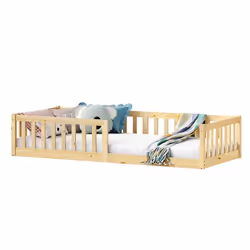 Lit enfant GUSTAVO lit au sol 90x200 cm dinspiration Montessori avec barrières de protection en pin massif finition naturelle