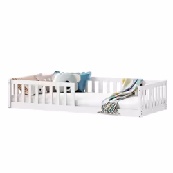 Lit enfant GUSTAVO lit au sol 90x190 cm dinspiration Montessori avec barrières de protection en pin massif lasuré blanc