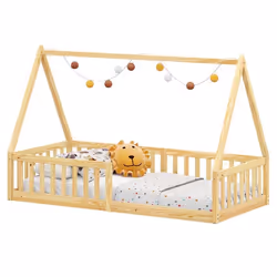 Lit cabane enfant 90x200 cm NICOLAS lit Simple montessori avec Barrières de Protection en Bois Massif Coloris naturel