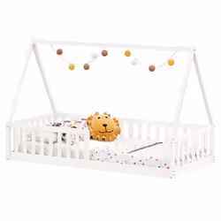 Lit cabane enfant 90x200 cm NICOLAS lit Simple montessori avec Barrières de Protection en Bois Massif Laqué blanc