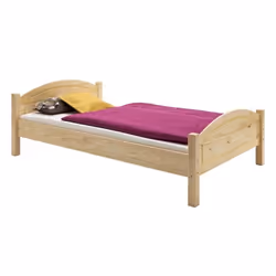 Lit simple FLIMS 90 x 200 cm lit pour enfant en pin massif vernis naturel avec tête et pied de lit arrondil