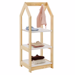 Étagère à vêtement enfant SALLY garde-robe en pin massif montessori avec 3 étagères penderie en bois couleur naturelle et bla ...